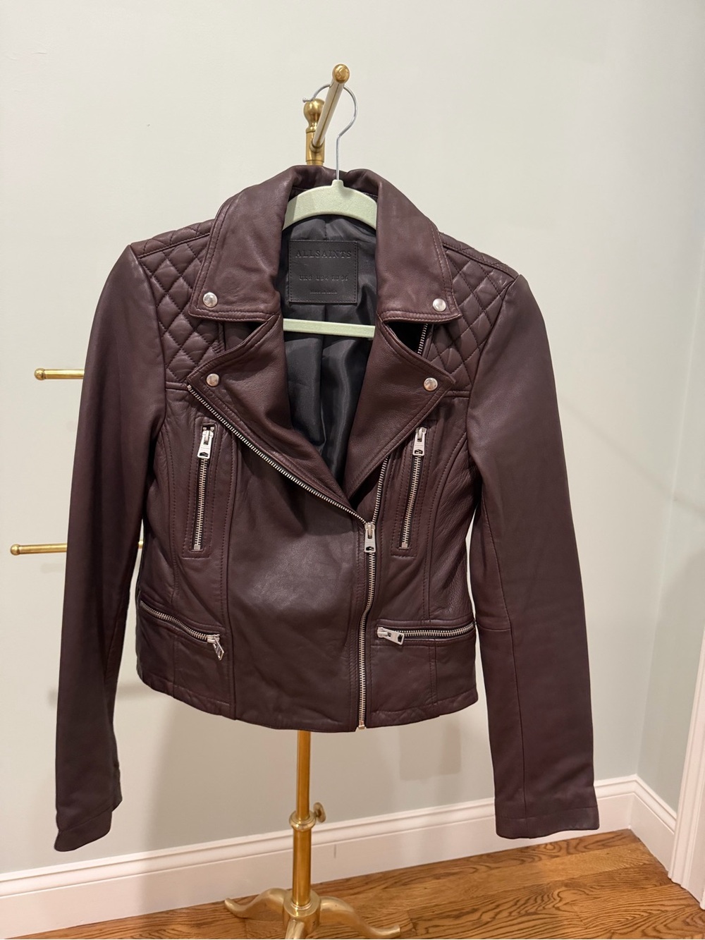 ALLSAINTS Quilted Moto Leather Jacket - Deep Burgundy